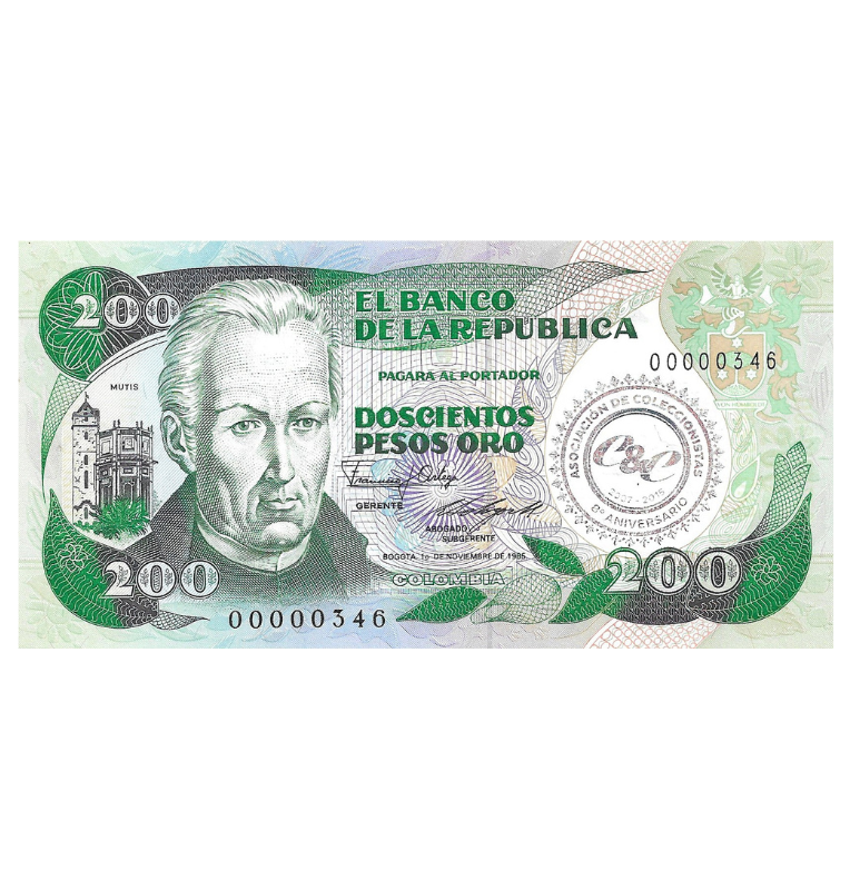 Colombia 200 Pesos Oro 1985 Número bajo 3 dígitos 346 (Tiene un sello)